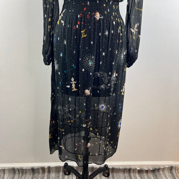 ZARA Black Celestial Dress Galaxy Back Button Waist Smocked Jewel Neck Size XS - Picture 7 of 8